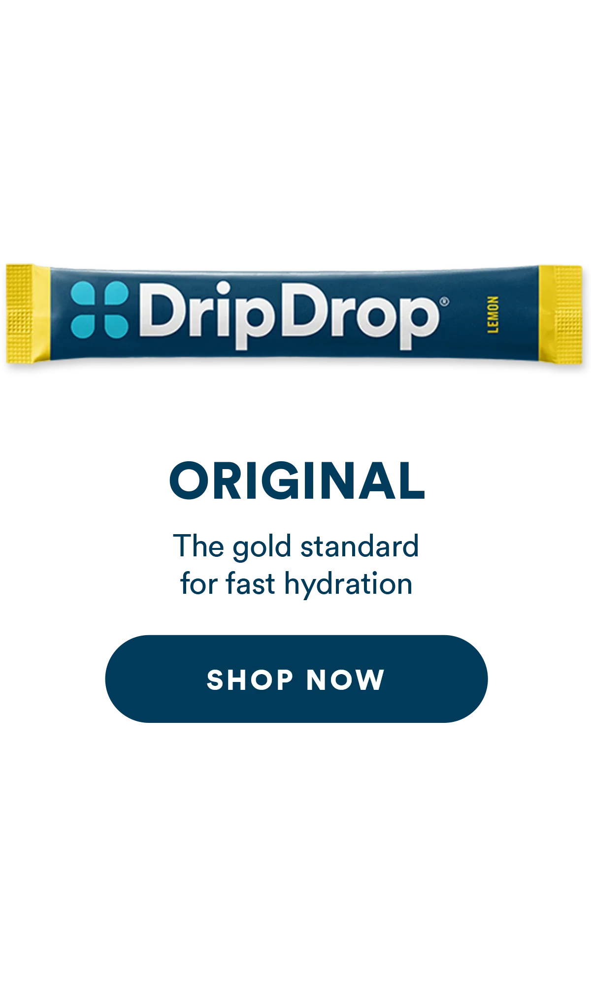 DripDrop Original hydration stick pack on a white background with Shop Now button.